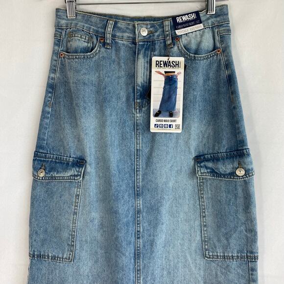 Rewash Cargo Denim Maxi Skirt Women Junior 5/27 Blue Vintage‎ Faded Utility NWT - Picture 3 of 9